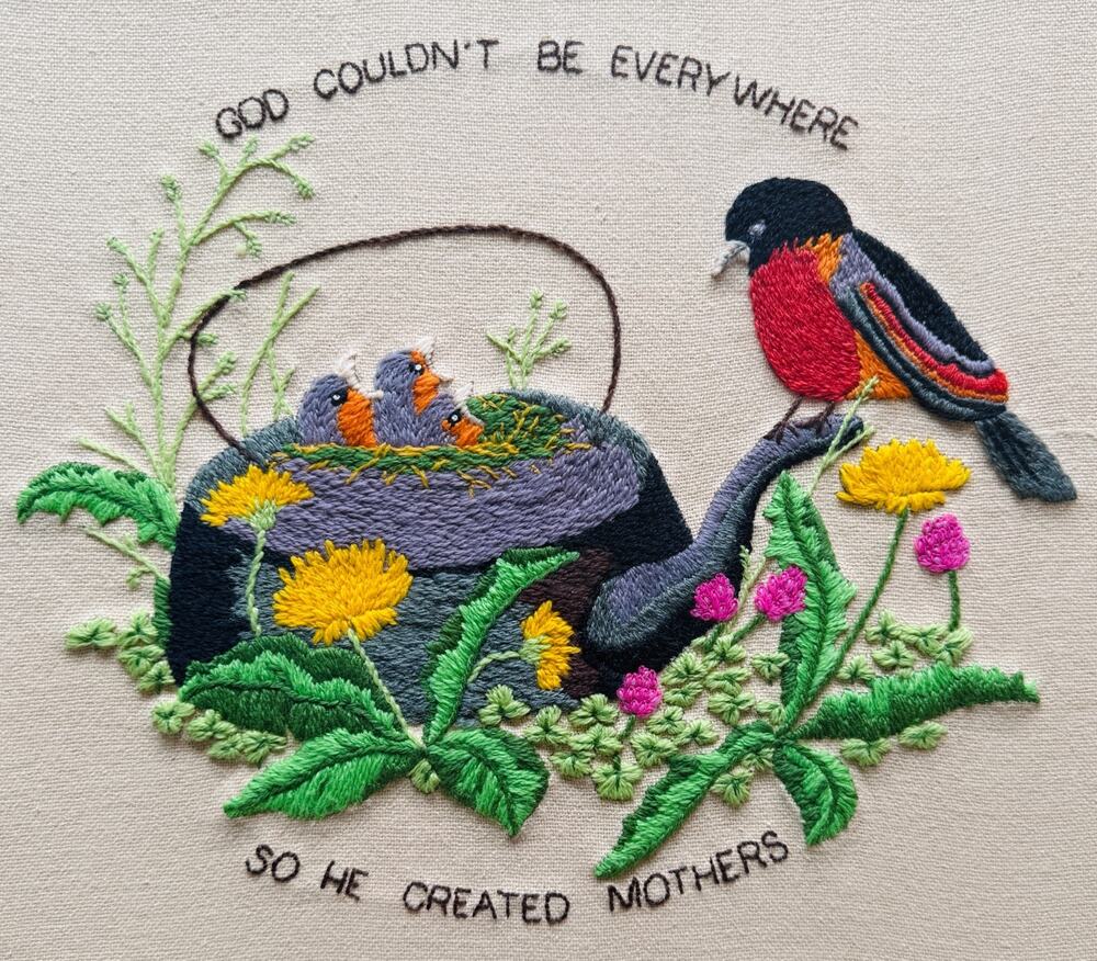 Vintage Framed Crewel Embroidery God Created Mothers Erica Wilson Finished Birds
